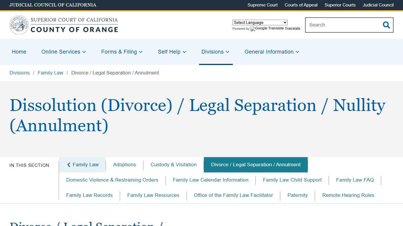 Divorce / Legal Separation / Annulment Superior Court of California County of Orange
